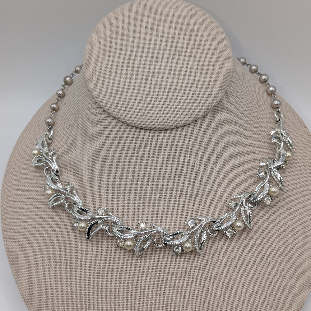 Vintage Rhinestone & Faux Pearl Filigree Necklace Silver Tone Floral Mid Century